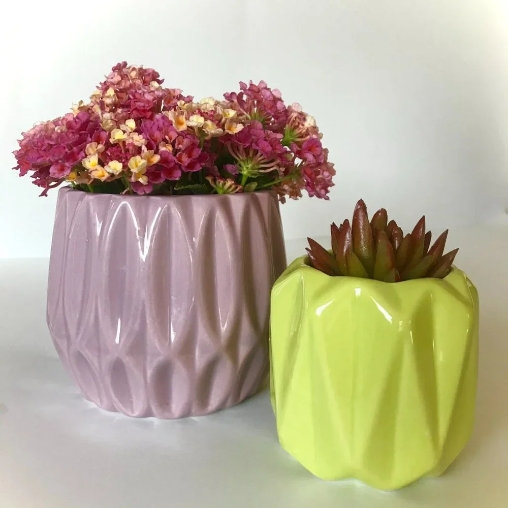 MCM Geometric Neon Lime Green Ceramic Succulent Pot Mid Century Modern Vase Geo - Picture 4 of 5